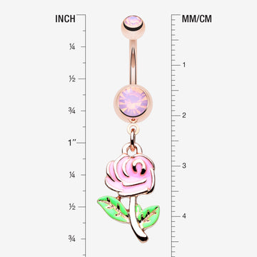 Detail View 1 of Rose Gold Vintage Pink Rose Flower Sparkle Belly Button Ring-Rose Quartz